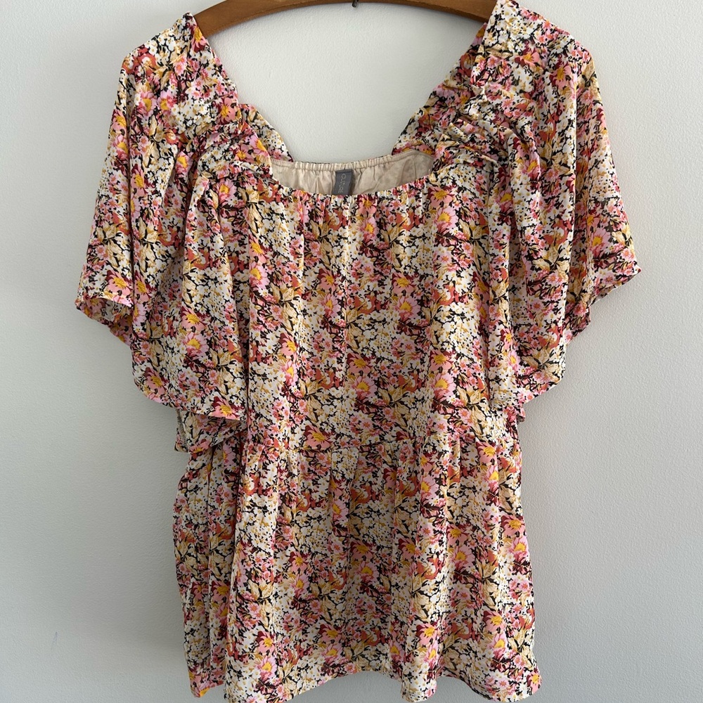 (3/$20) Culture small pink multicoloured Floral Ruffle peplum blouse Top
